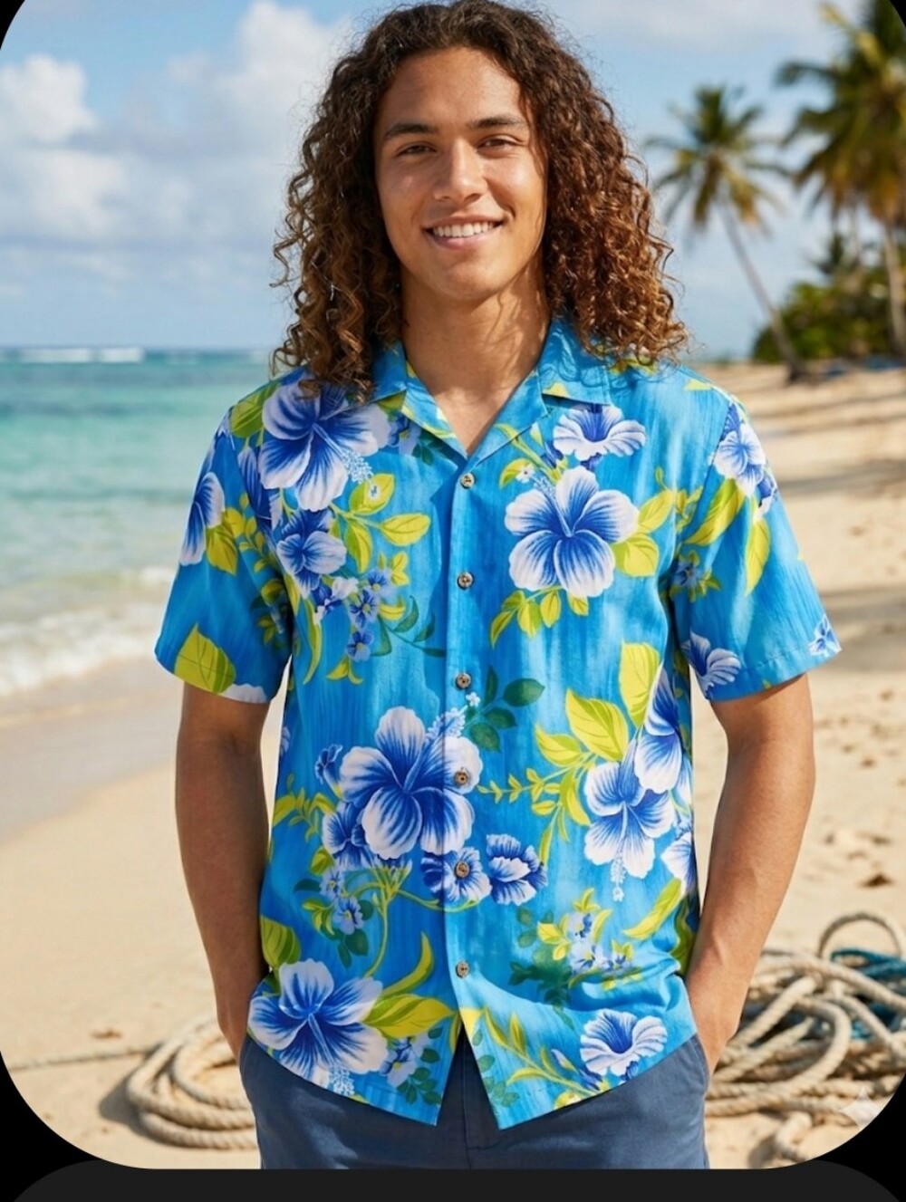 Men's Blue Floral Casual Button-Down Shirt